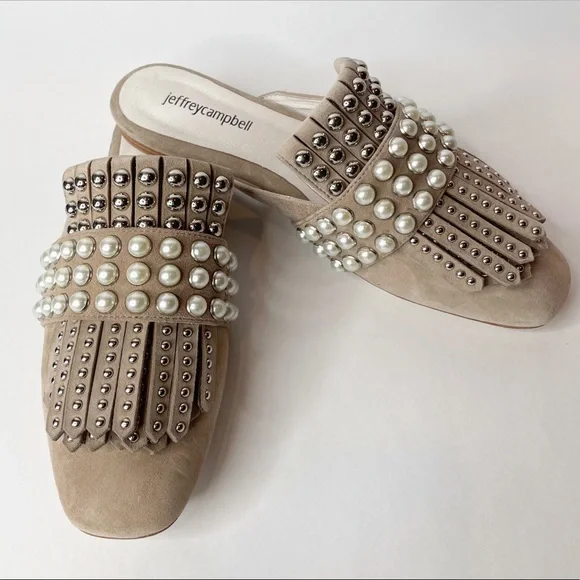NWOB Jeffrey Campbell Ravis Pearl Studded Embellished Fringe Taupe Suede Mules - Picture 2 of 10